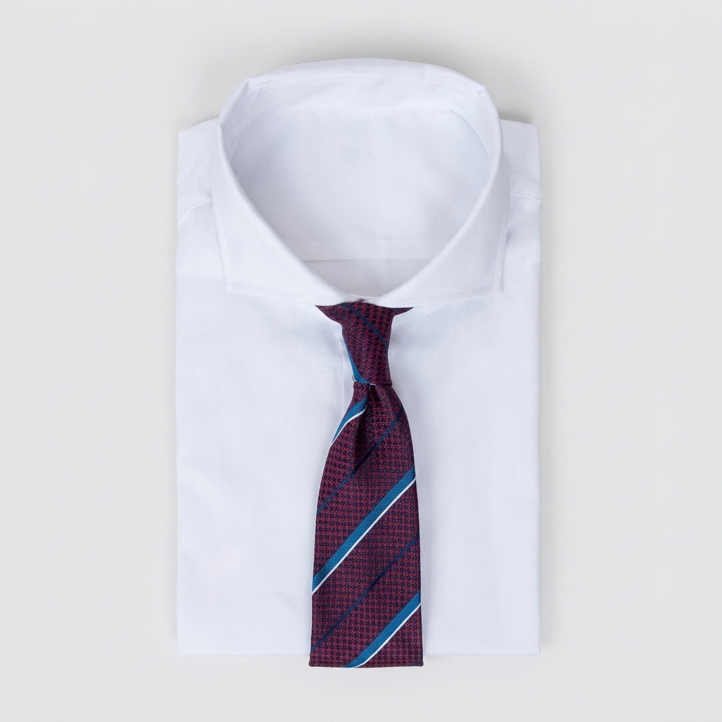 Deep burgundy men's necktie with regimental stripes in sky blue & white