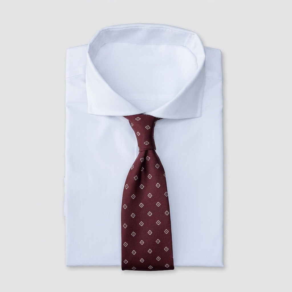 Deep burgundy men's necktie with diamond/square patterns in white