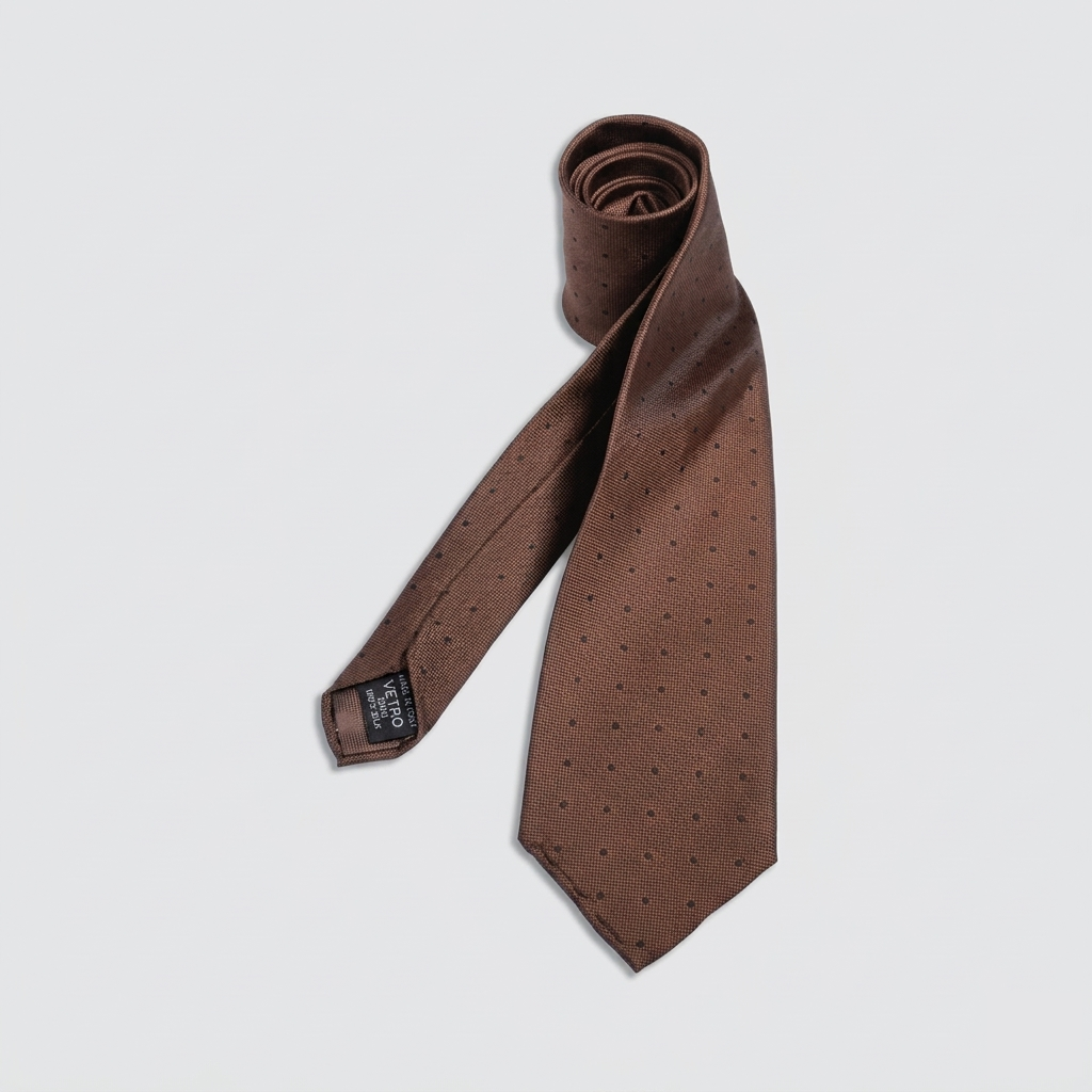 Tan men's necktie with dark navy pin dots