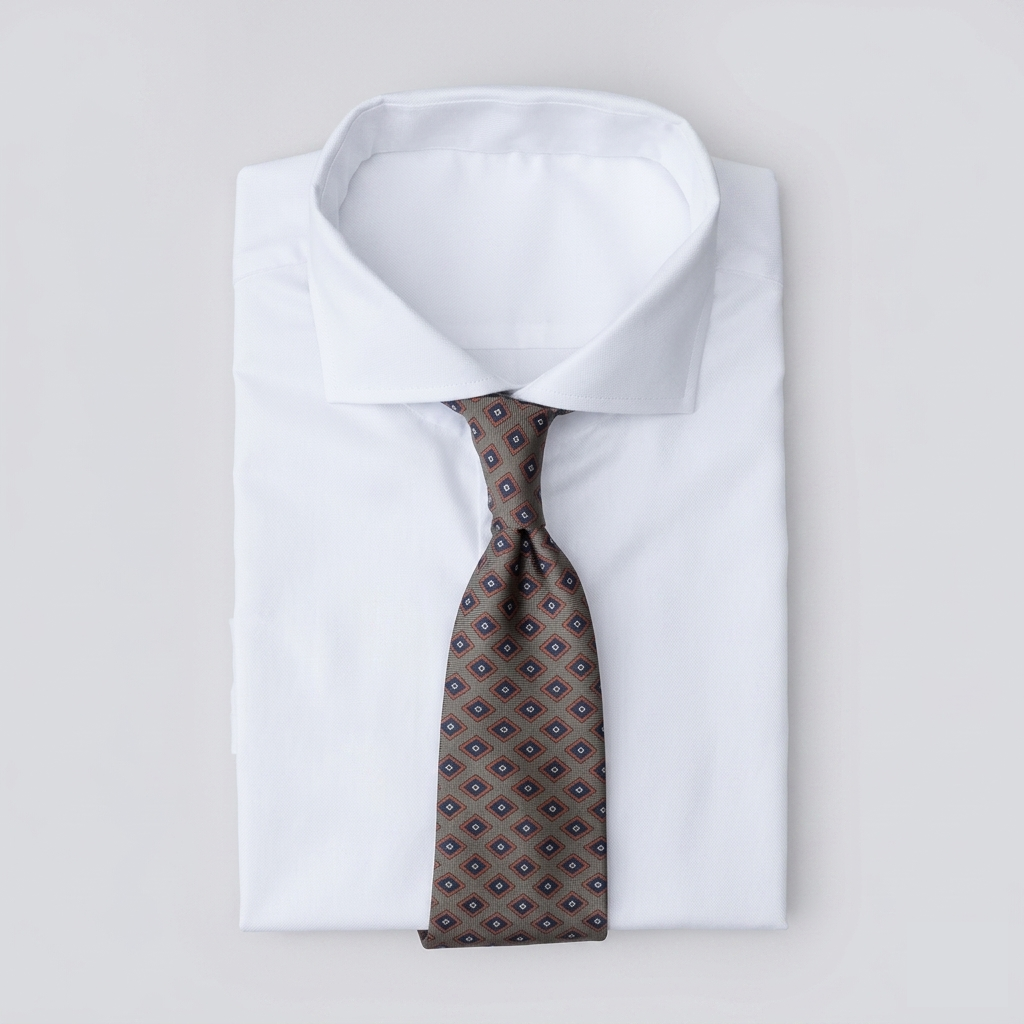 Khaki brown men's necktie with diamond patterns in sky blue, red & white