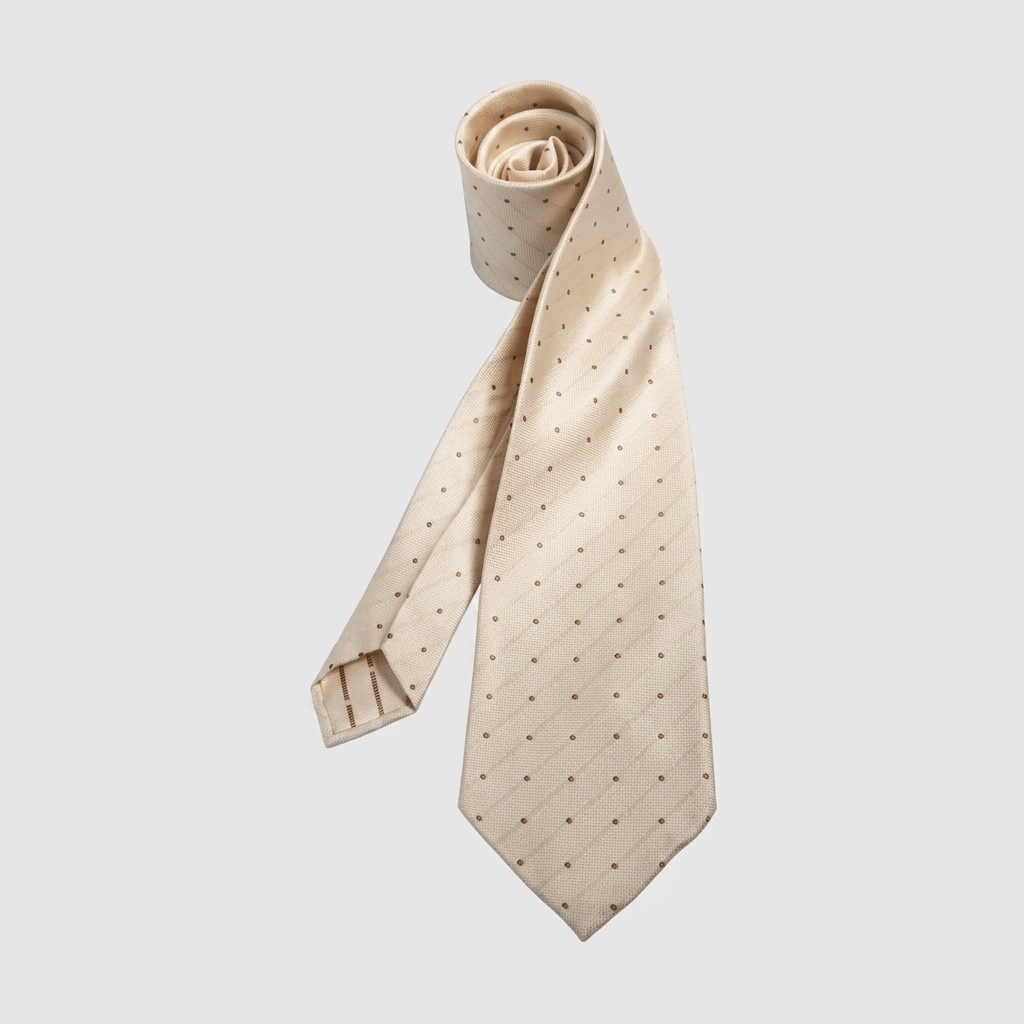 Champagne men's necktie with dark brown pin dots & diagonal stripes