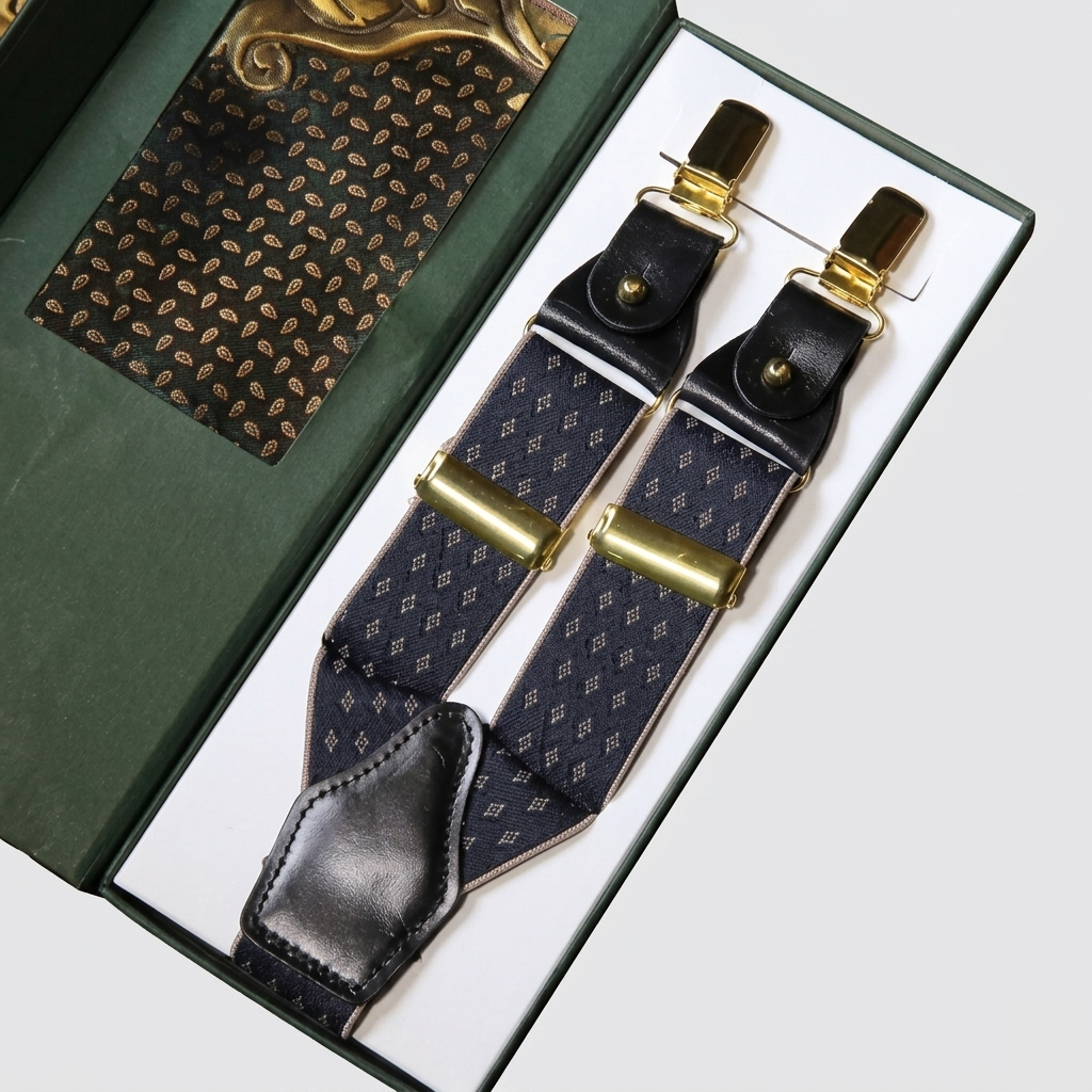 Signature Navy Pattern Leather Suspenders