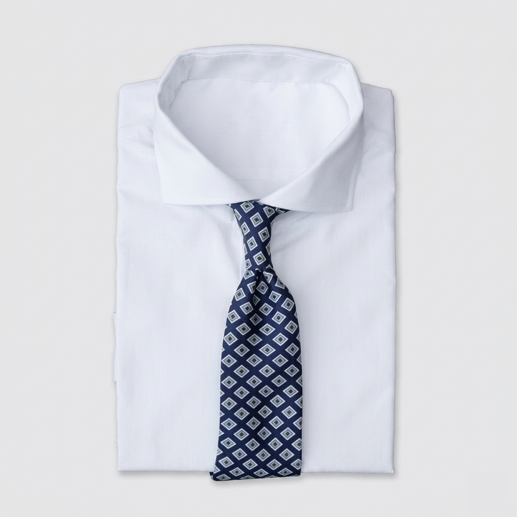 Navy blue men's necktie with diamond patterns in white & sage green