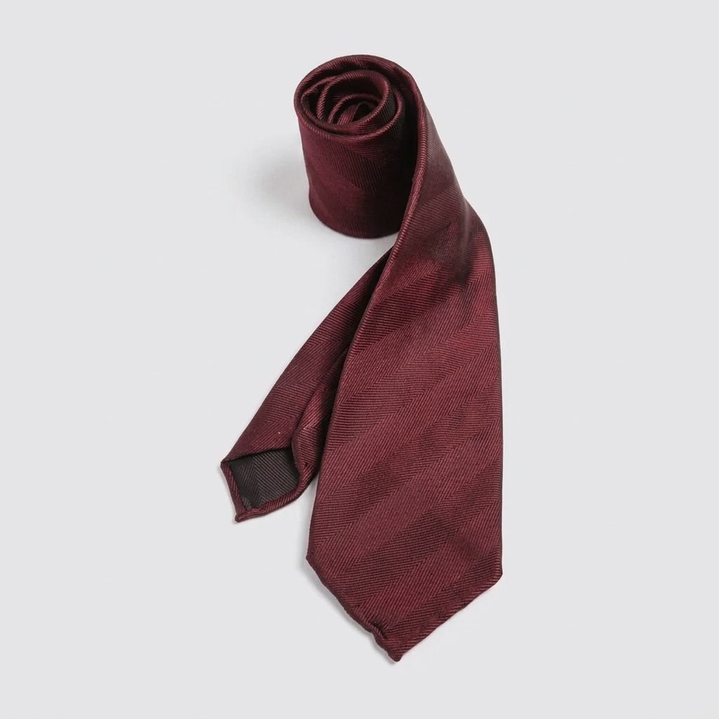 Burgundy men's necktie with diagonal stripes