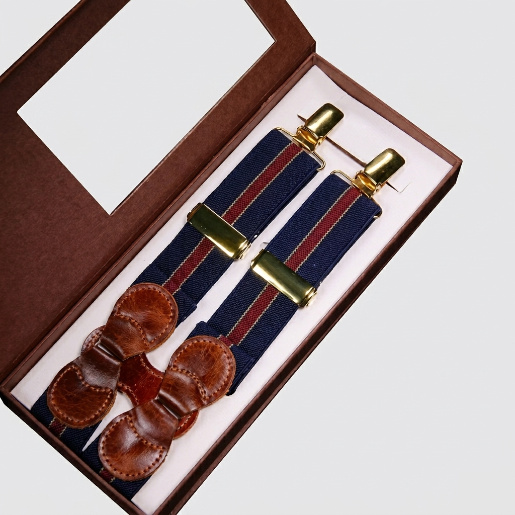 Heritage Navy Red Stripe Leather Suspenders