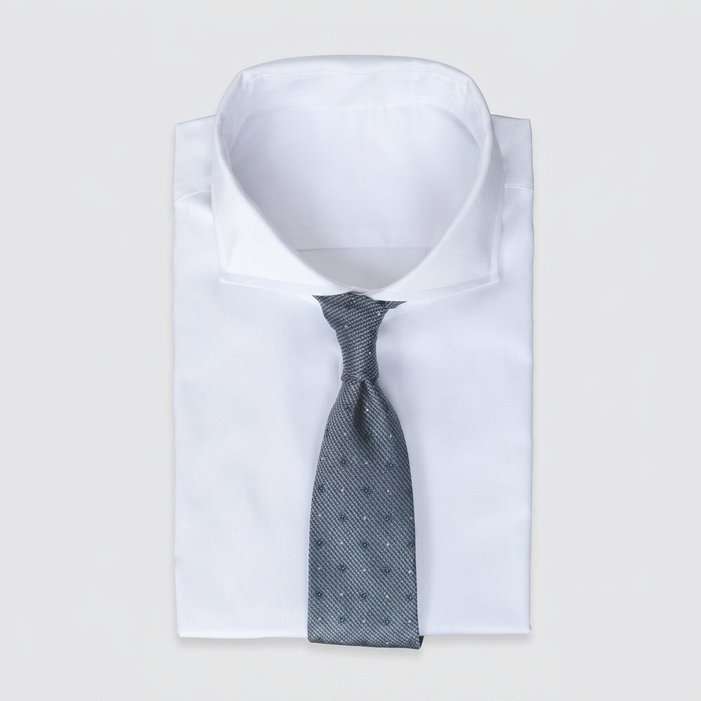 Medium gray men's necktie with navy blue polka dots