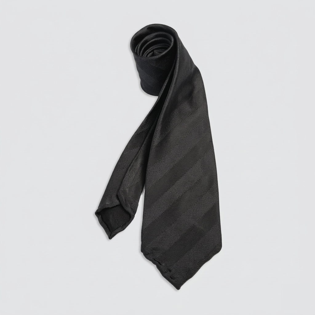 Solid black men's necktie with subtle diagonal stripes