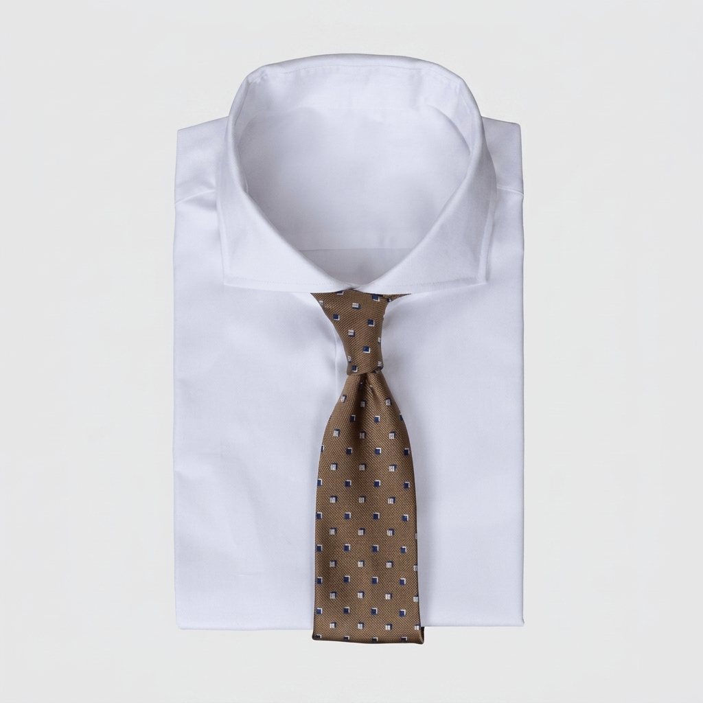 Golden brown/khaki-coloured men's necktie with small geometric square/dot patterns