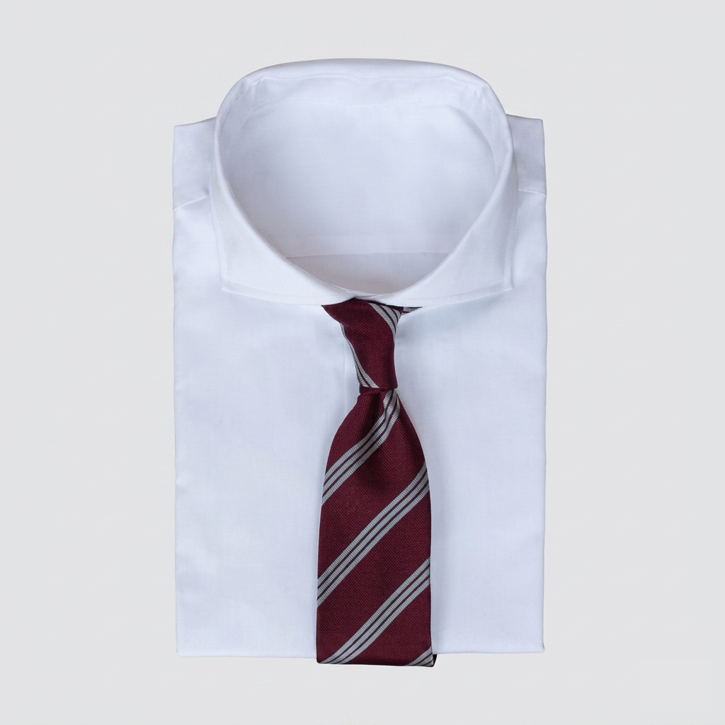 Deep burgundy men's necktie with regimental stripes in silver/light gray & white