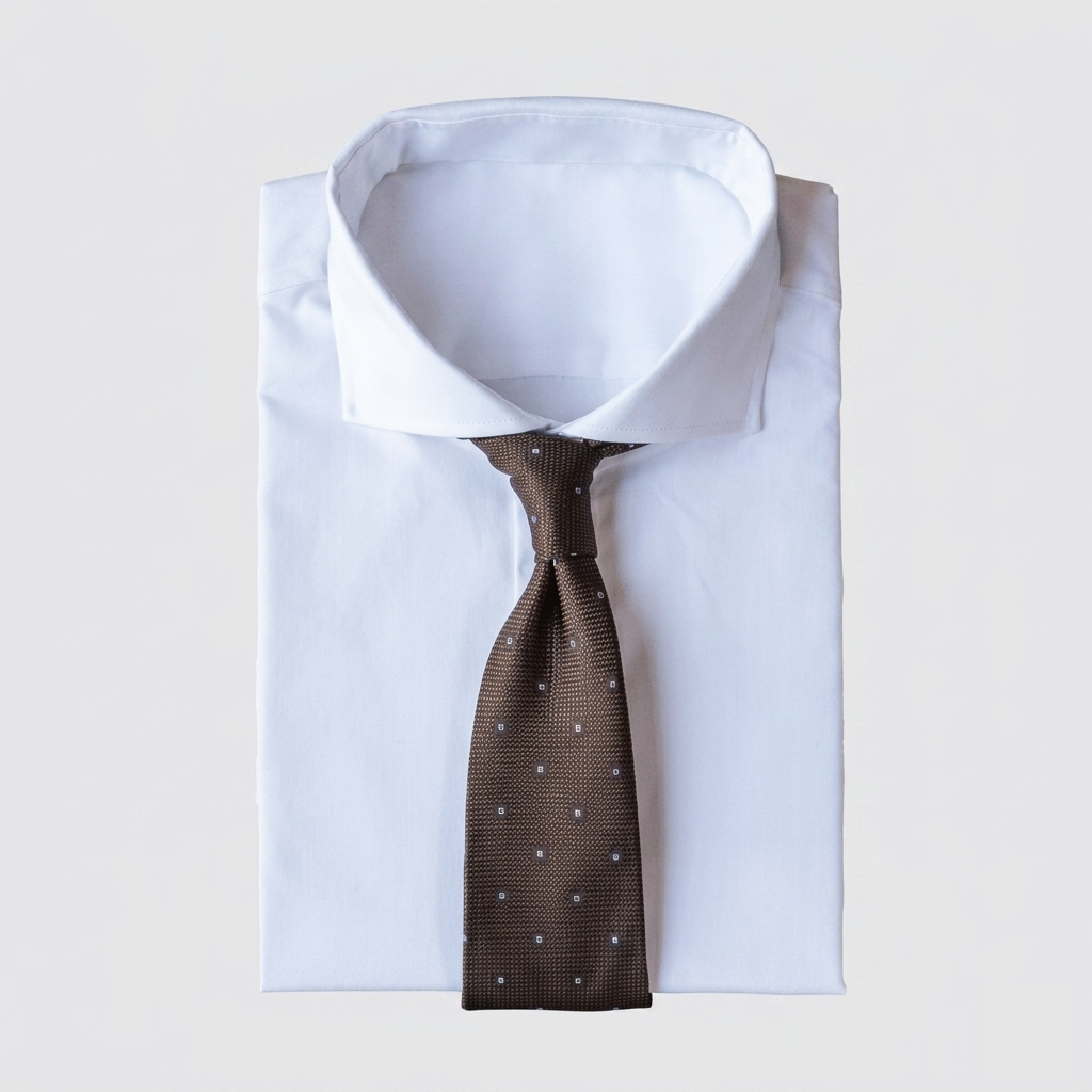 Chocolate brown men's necktie with small white polka dots