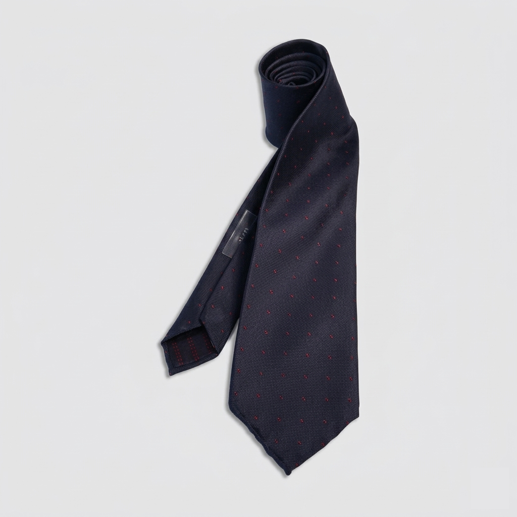 Very dark navy men's necktie with burgundy pin dots