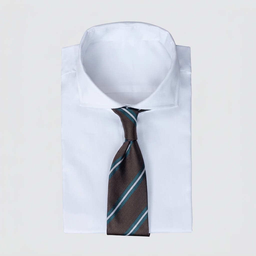Dark chocolate brown men's necktie with regimental stripes in teal/petrol blue & white