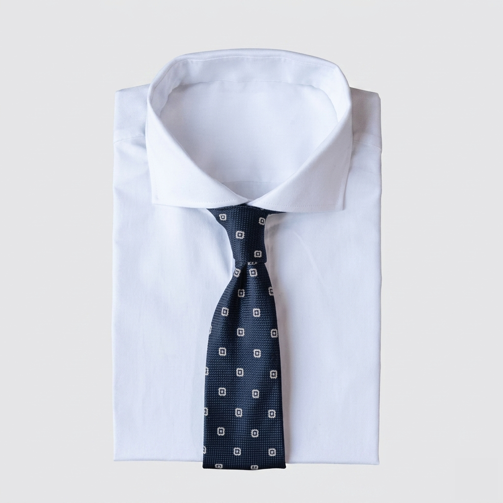 Navy blue men's necktie with square white patterns