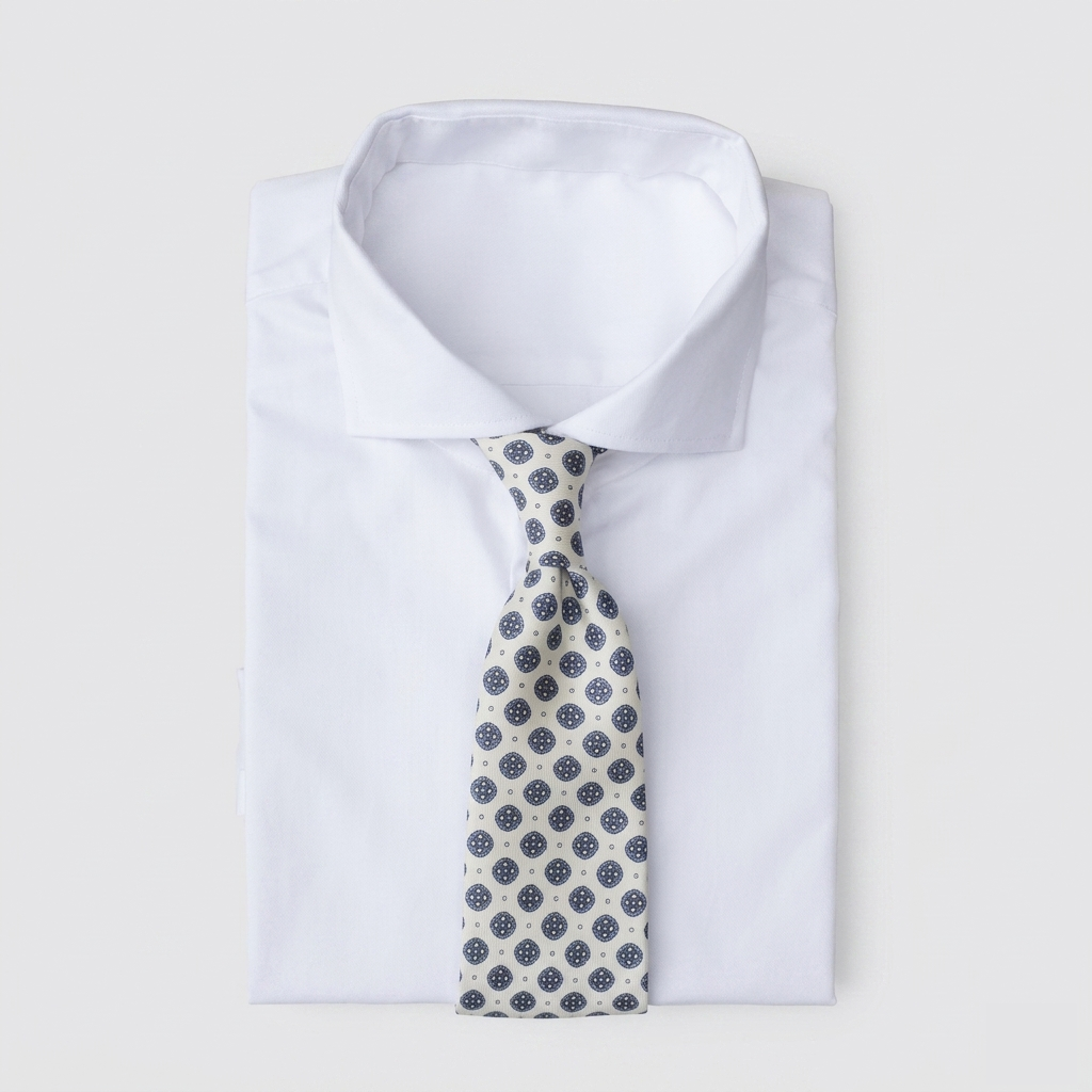 Off-white/cream men's necktie with floral patterns in light blue & navy blue