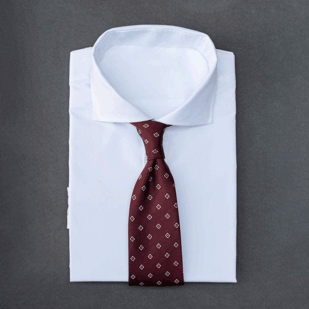 🎁 Deep burgundy men's necktie with diamond/square patterns in white (100% off)