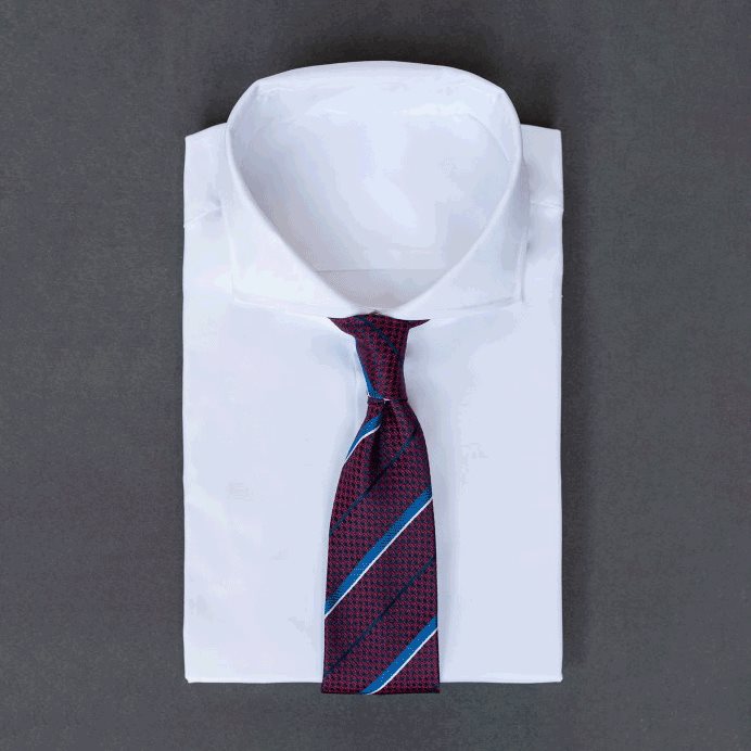 🎁 Deep burgundy men's necktie with regimental stripes in sky blue & white (100% off)
