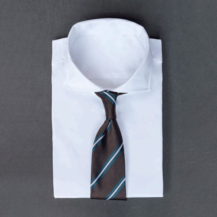 🎁 Dark chocolate brown men's necktie with regimental stripes in teal/petrol blue & white (100% off)